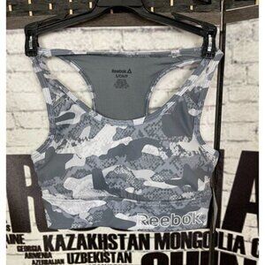Reebok S Gray Camoflauge Logo Lined Scoop Neck Med Support Racerback Sports Bra